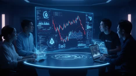a high-tech collaborative meeting featuring professionals analyzing data visualizations and financial trends with advanced interactive displays in a futuristic setting