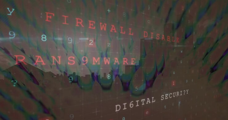 Animation of cyberattack warning and shapes over cityscape
