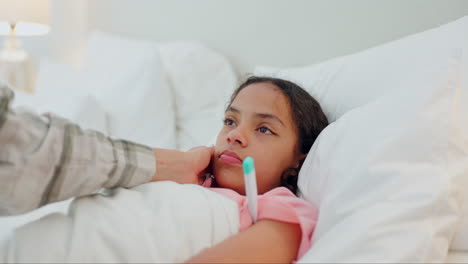 girl, sick and mother with thermometer