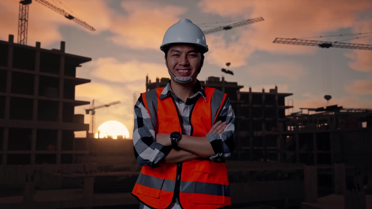 Asian Male Engineer With Safety Helmet Crossing His Arms And Smiling To Camera While Standing At Building & Construction Site in Progress to New House