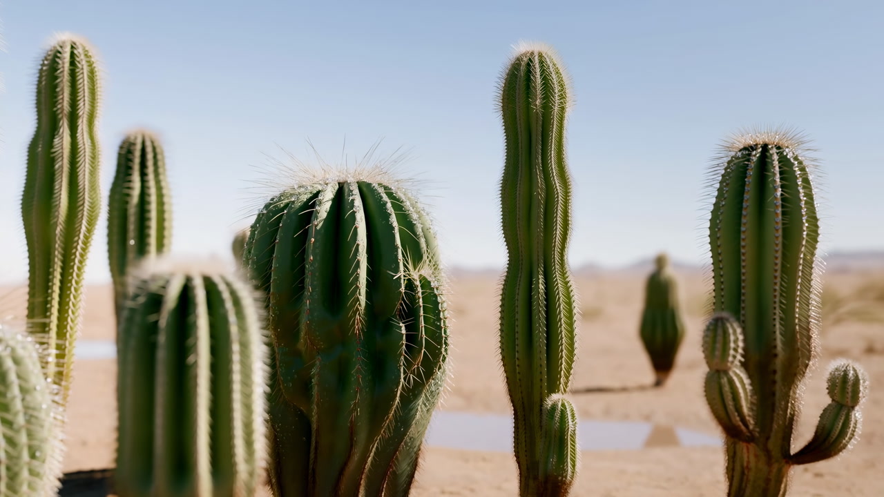 Sunlit Desert Cacti Foreground Clear Blue Sky, Rows Of Columnar And Barrel Cacti Casting Long Soft Shadows