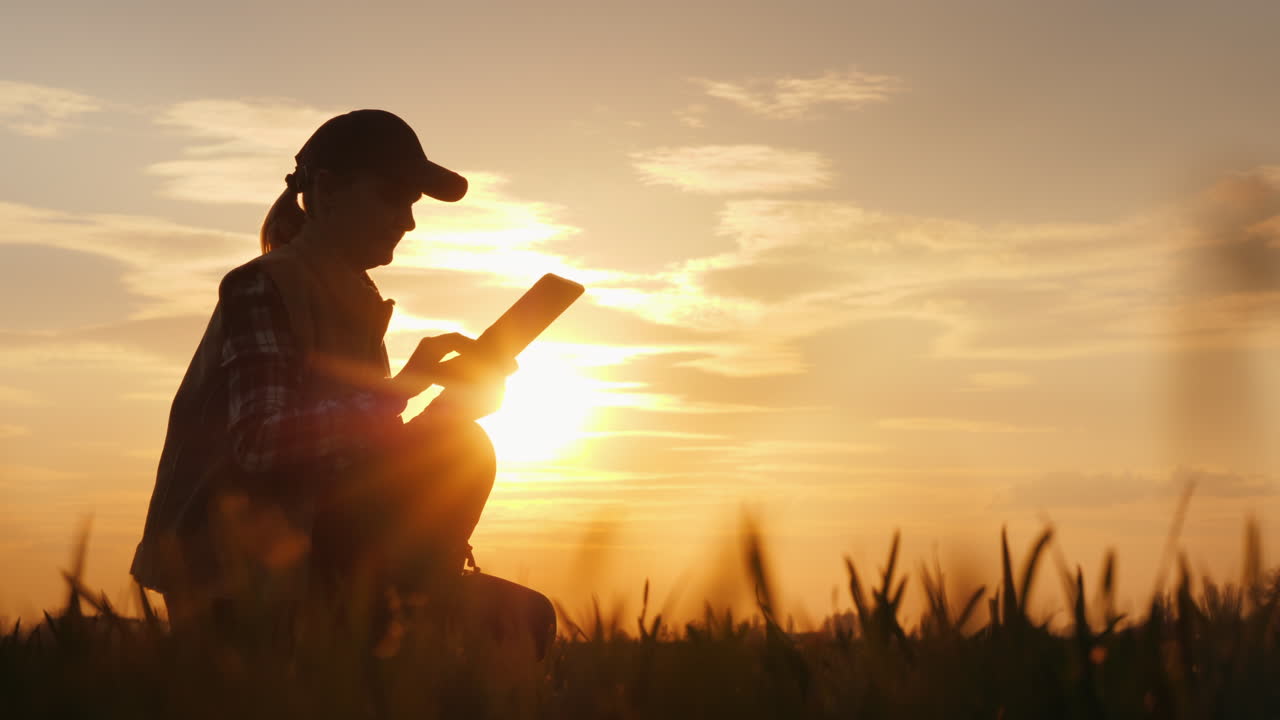 joven agricultora estudiando las plántulas de una planta en un campo usando una tableta