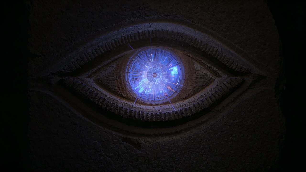 Opening carved stone eye in stone wall, revealing glowing blue clock, lids closing reopening