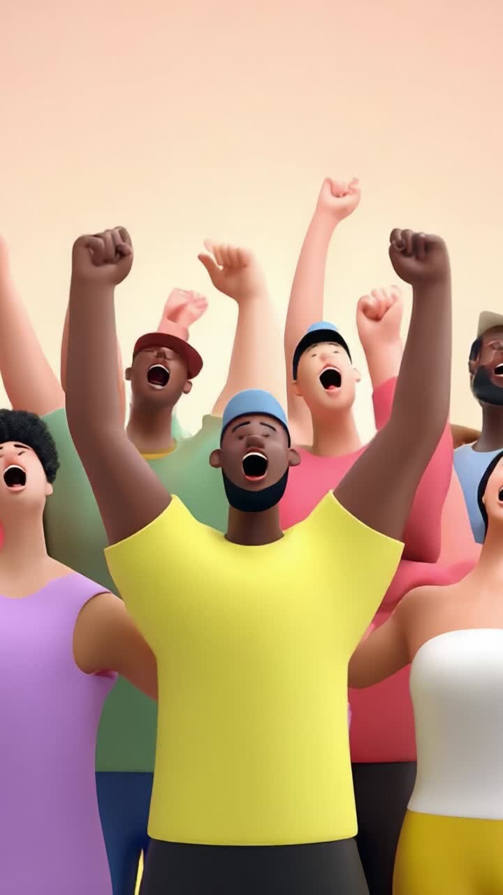 A Vibrant Celebration of Unity and Expression with Diverse Figures Raising Their Arms in a Joyful Display of Enthusiasm and Collective Empowerment