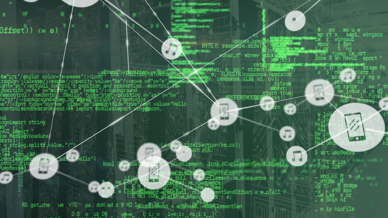 Animation of connected icons, computer language and circuit board pattern over server room