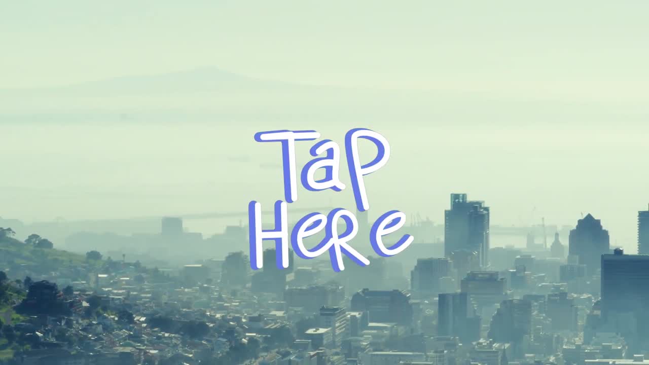 animación de tap aquí banner de texto contra la vista aérea del paisaje urbano.