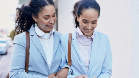 Business,-friends-and-phone-with-women-in-city