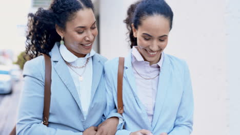 business, friends and phone with women in city
