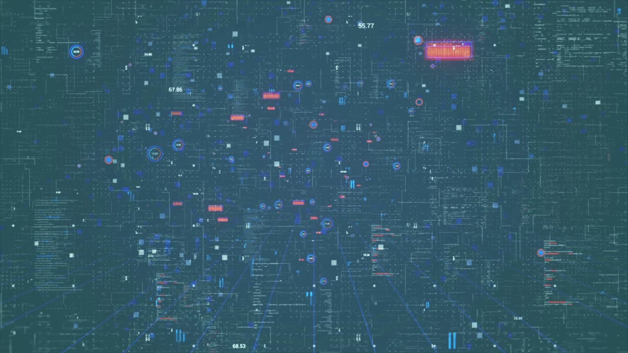 디지털 코드 배경 루프 - 연결을 전달하는 과학 기술 데이터 이진 코드 네트워크의 추상 3d 렌더링을 통해 비행
