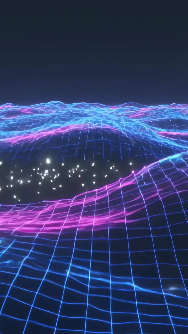 Vertical video: Moving camera showing neon grid rolling in dark sky tracing pink ribbon, white dots