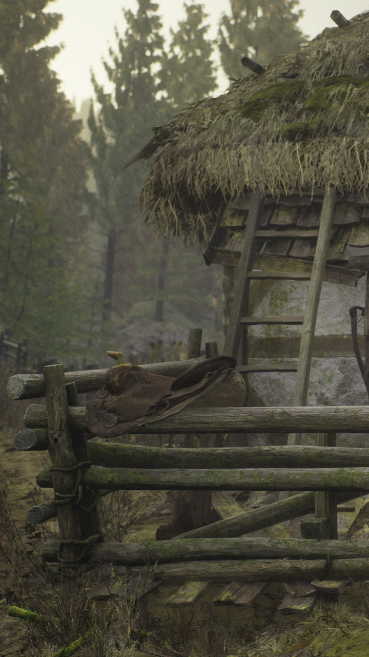 Old wooden hut near a forest path in a rural area on a cloudy day