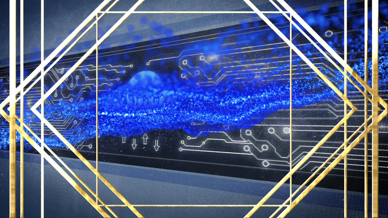 검은색 바탕에 금색 프레임, 글리터 및 통합 회로의 애니메이션