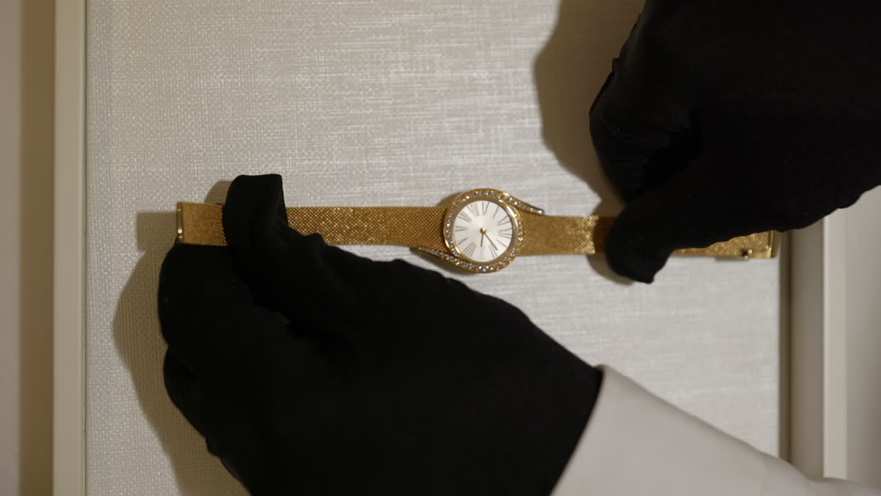 vertical: primer plano del seductor y lujoso reloj de mujer panerai con caja de oro rosa y adornos de diamantes a la venta en una boutique de joyería