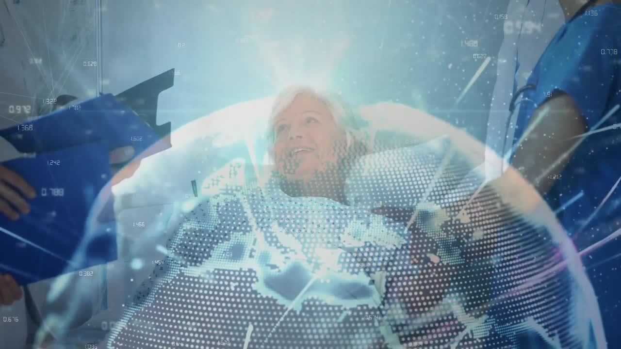 백인 여성 환자와 대화하는 의료 종사자 팀을 상대로 전 세계를 가로지르는 빛의 흔적