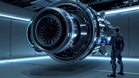 engineer inspecting a futuristic jet engine with augmented reality