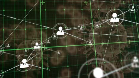 network of profile icons over grid network against multiple covid-19 cells floating