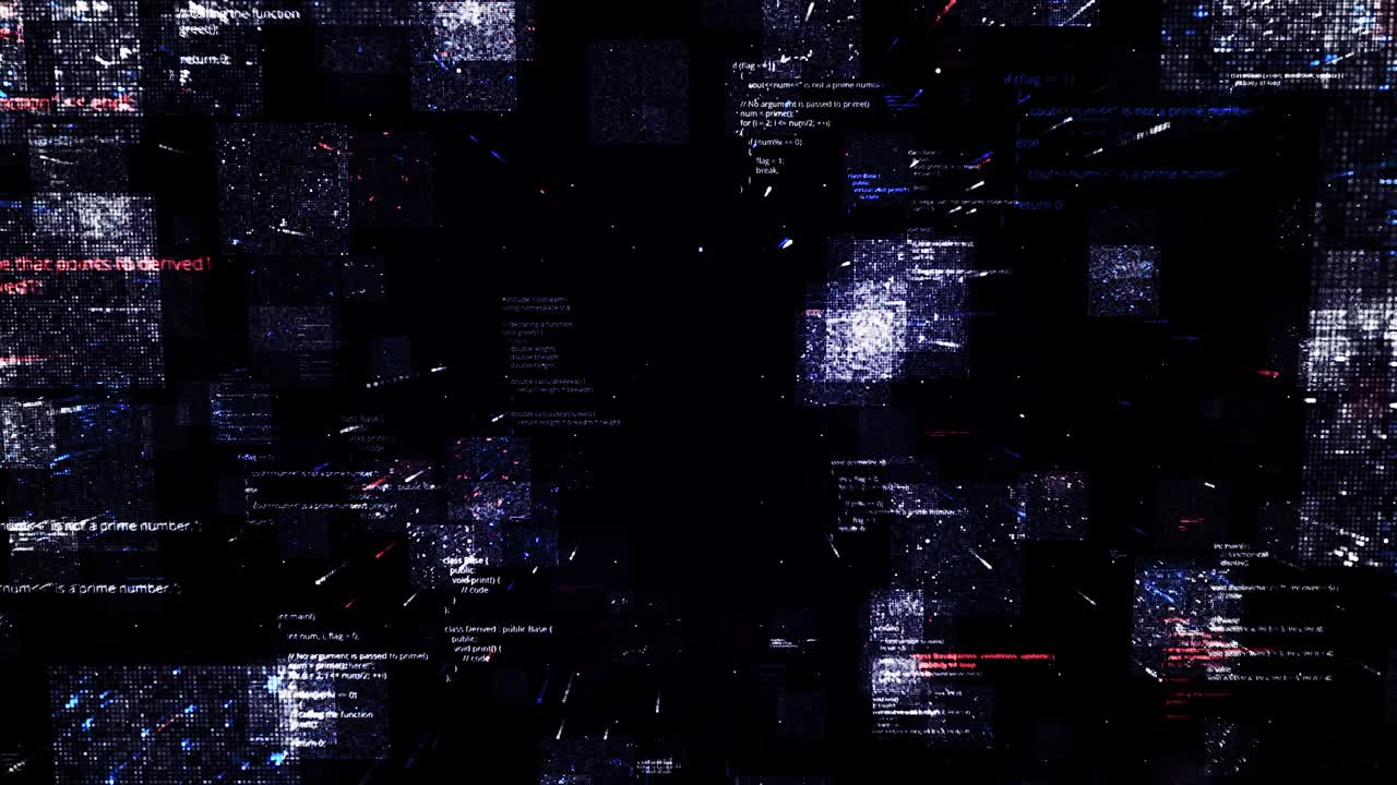 códigos de programa digital que se mueven asimétricamente en una pantalla oscura. animación. visualización de la red neuronal que consume información y aprendizaje, bucle sin costuras.