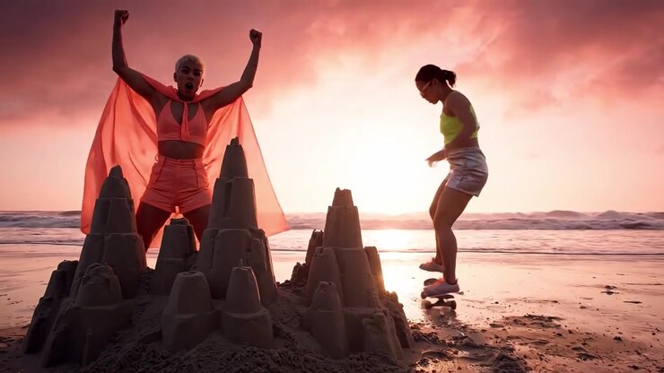 Costruttori creativi di castelli di sabbia espongono il loro capolavoro al tramonto, mettendo in risalto lo spirito giocoso e il lavoro di squadra sulla battigia, con colori vivaci nel cielo.