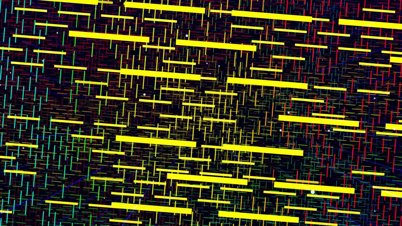 Glow rectangles, streaks and lines. Motion design vj loop. 3d structure. Motion graphic, camera fly throungh abstract art space, multilayer structure with pattern and particles. Rainbow gradient color