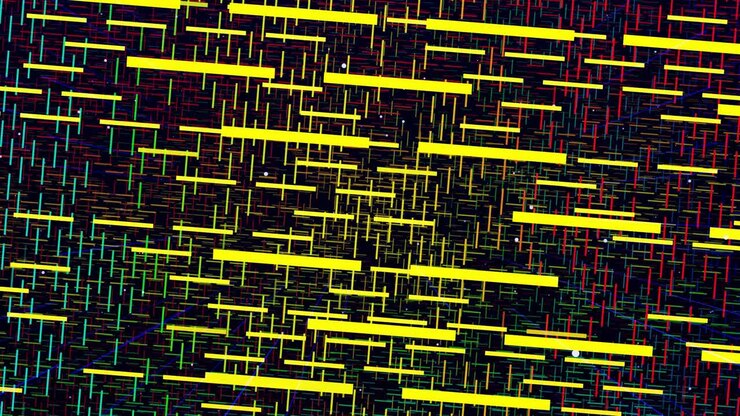 Glow rectangles, streaks and lines. Motion design vj loop. 3d structure. Motion graphic, camera fly throungh abstract art space, multilayer structure with pattern and particles. Rainbow gradient color