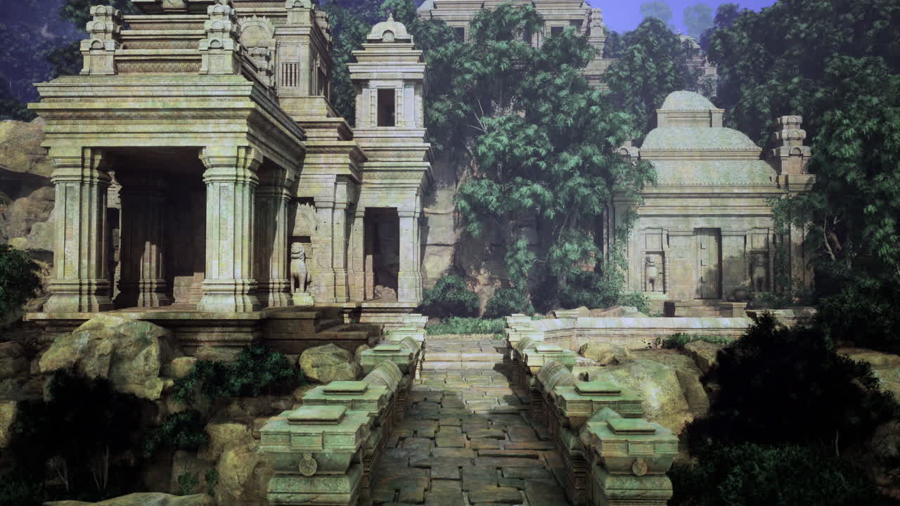 Ancient temple ruins nestled among lush greenery in a serene landscape setting