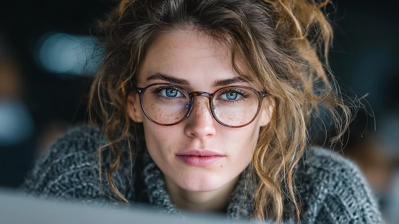 Un primo piano di una giovane donna espressiva con capelli ricci e occhiali, immortalata in un momento spontaneo, che mette in mostra il suo sguardo intenso e la sua bellezza naturale in un ambiente contemporaneo.