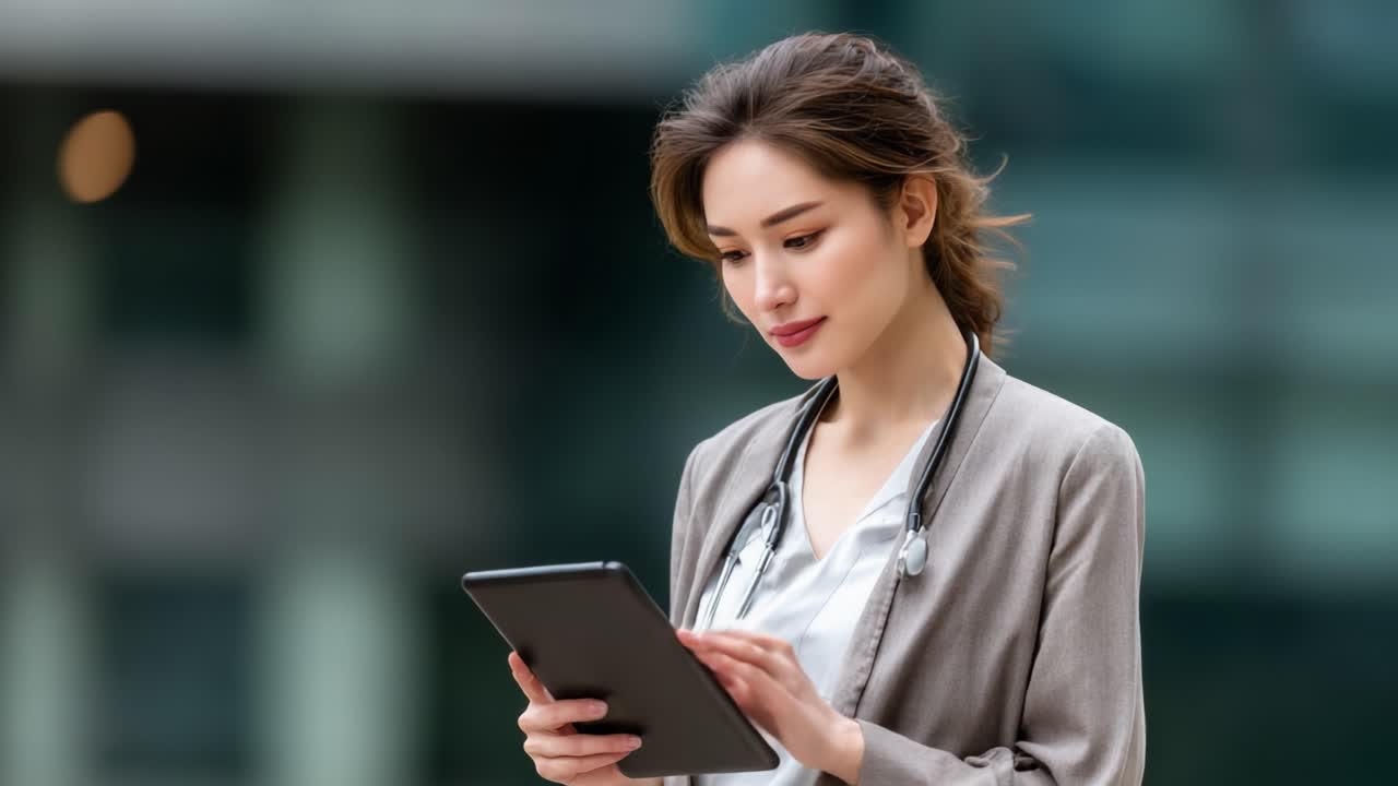 A Medical Professional Engaged in Patient Care on a Digital Device, Skillfully Interacting with a Tablet in an Outdoor Setting