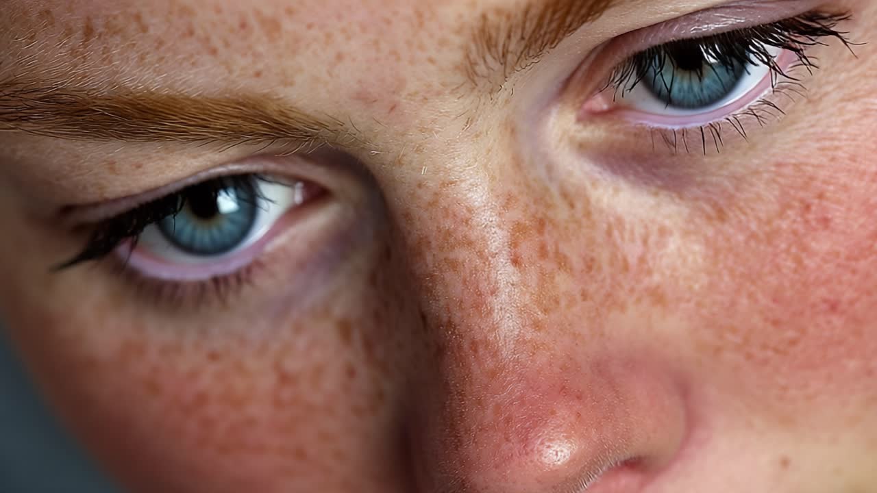Close-Up Examination of Facial Features Highlighting Freckles and Striking Eye Color, Capturing the Intricacies of Human Expression and Unique Characteristics in a Portrait