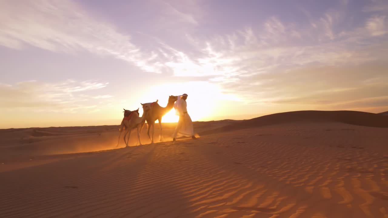 Video aereo di una persona che conduce cammelli attraverso un deserto al tramonto, catturando vaste dune.