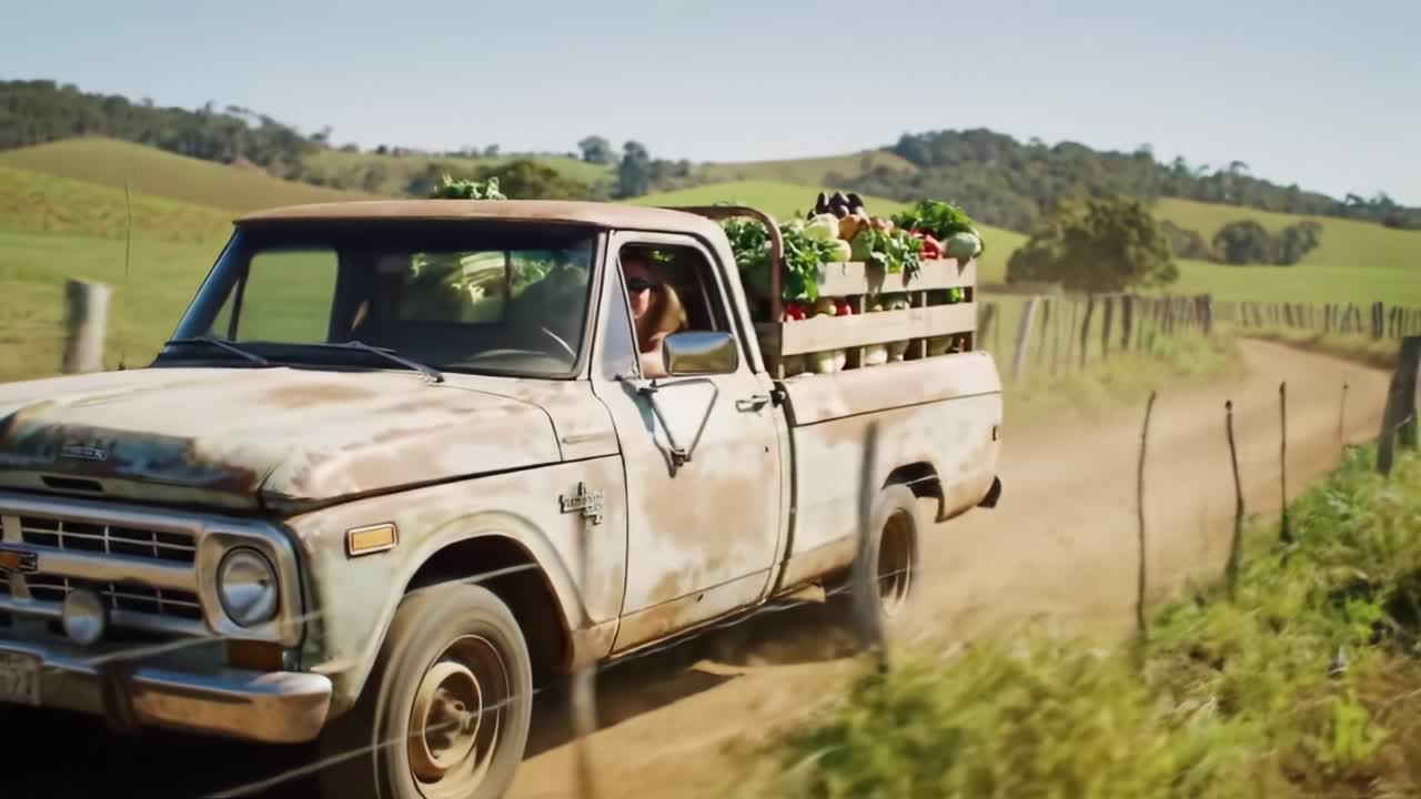 A charming old pickup truck drives down a dirt road surrounded by lush green fields, carrying a load of colorful fresh produce under the warm glow of the setting sun.