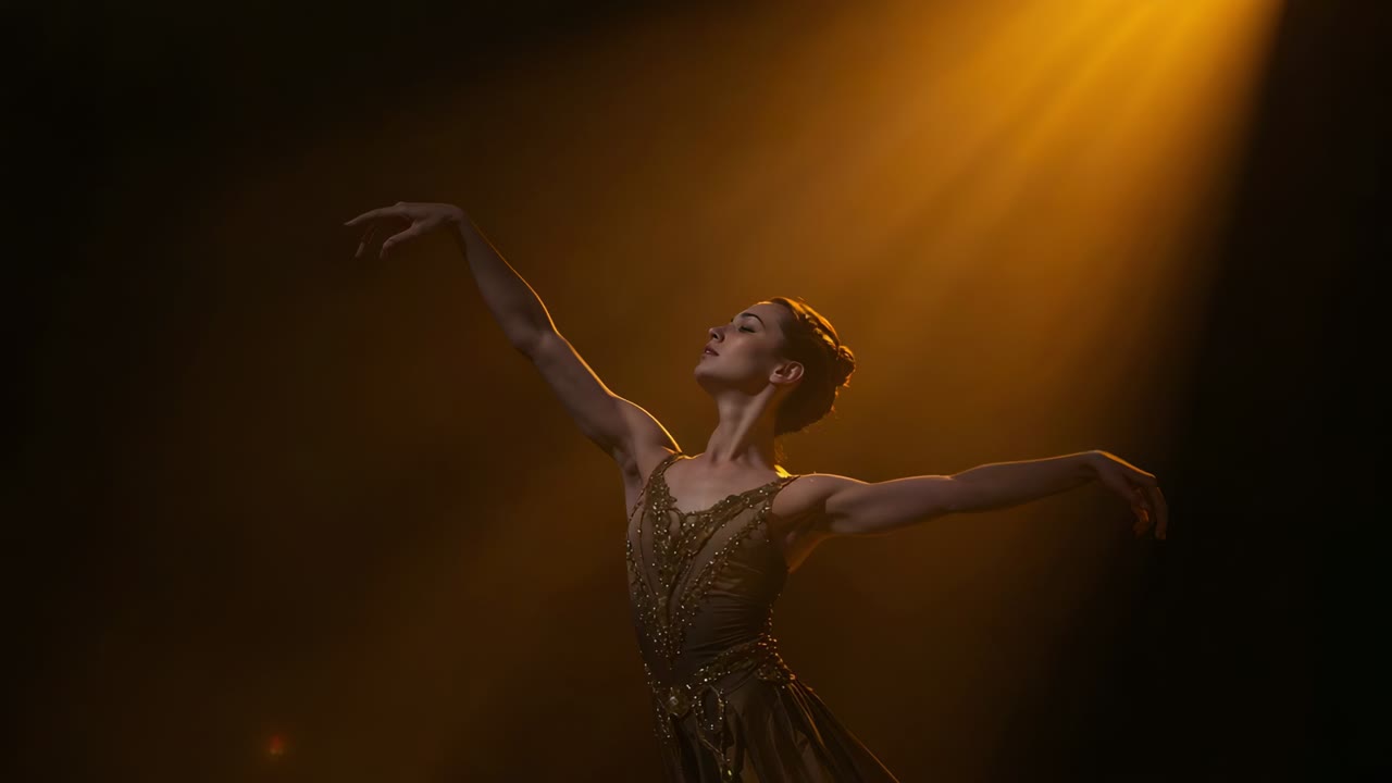 Spotlight lighting solo ballet dancer performing phrase raising arms onstage in fitted gold costume