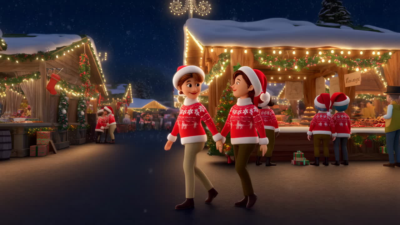Animated characters enjoying a festive Christmas market