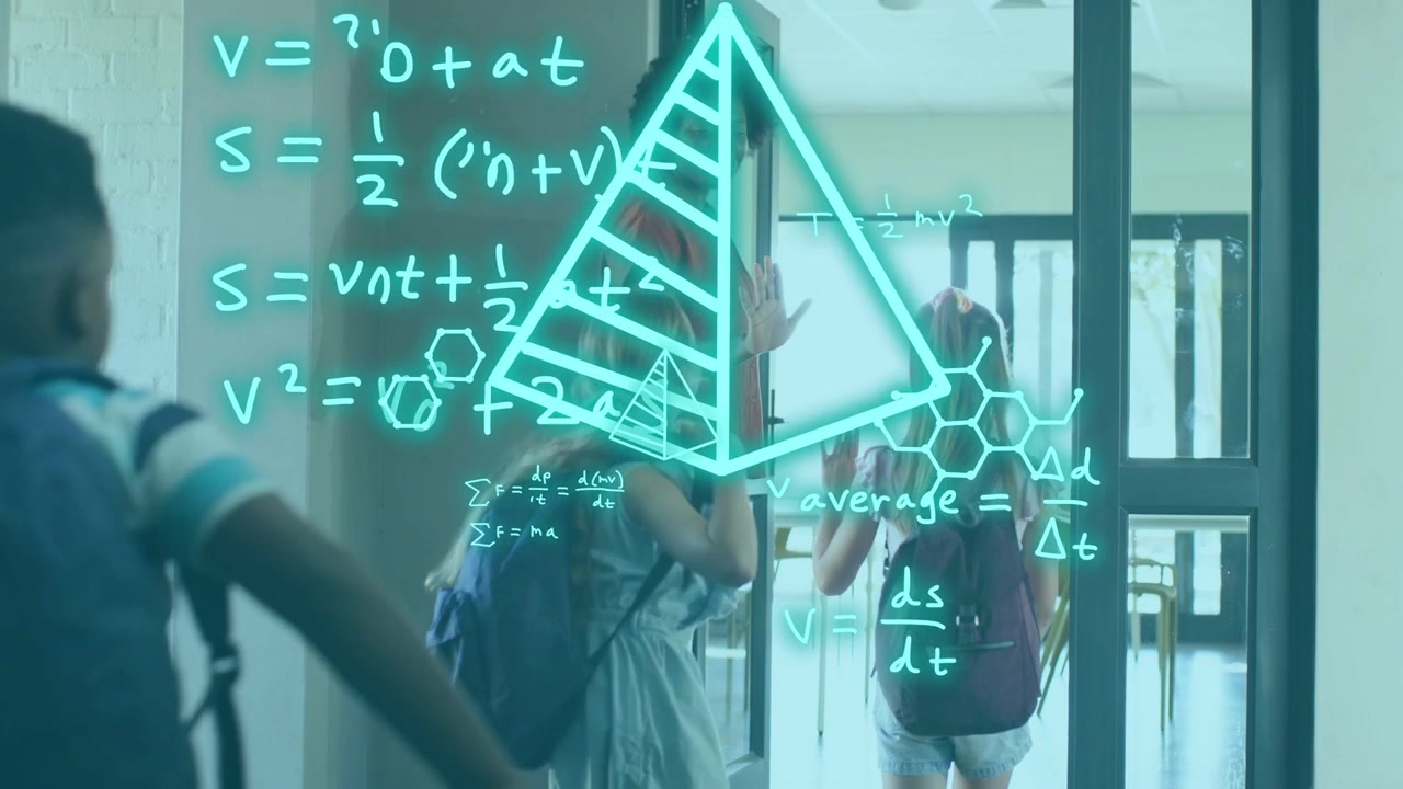 Mom opening front door, kids arriving from school high-fiving, teal formulas rising over backpacks
