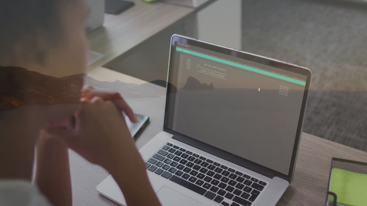 In school, person coding on laptop, contemplating programming task with animation