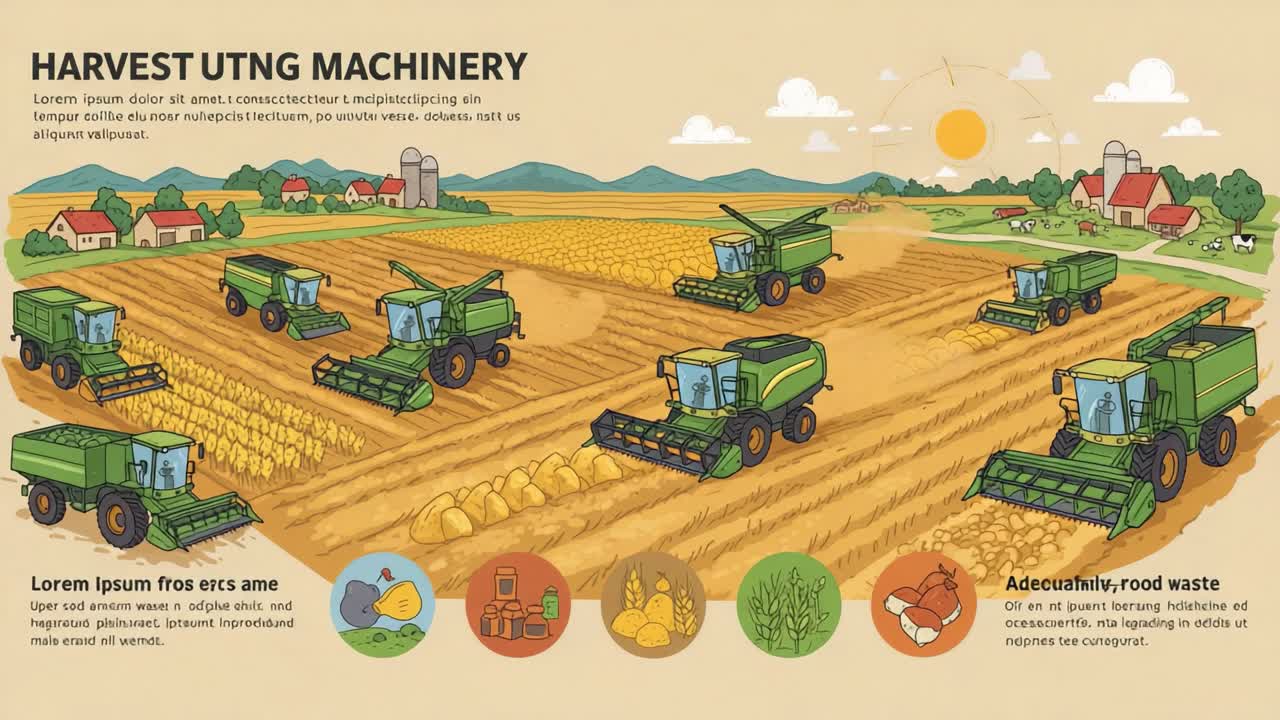 A Detailed Illustration of Harvesting Machinery in Action on a Thriving Farm During Harvest Season, Showcasing Various Equipment and Agricultural Techniques