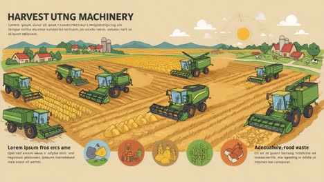 a detailed illustration of harvesting machinery in action on a thriving farm during harvest season, showcasing various equipment and agricultural techniques