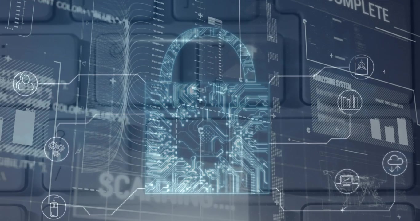 Animation of security padlock and data processing over navy background