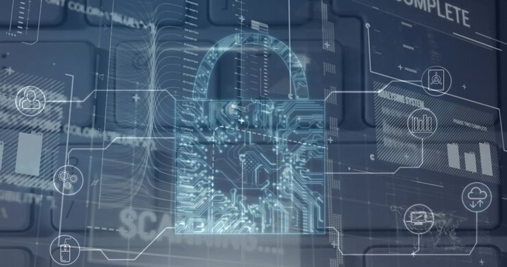 Animation of security padlock and data processing over navy background