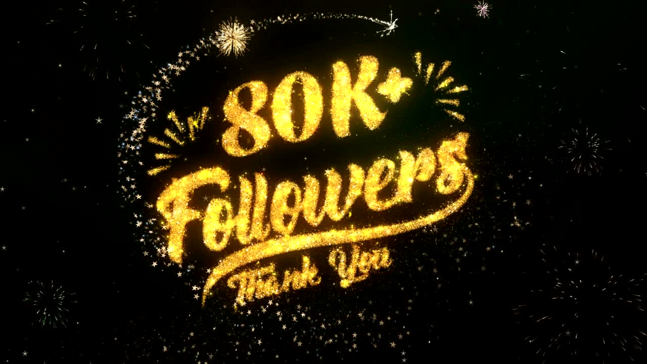 80k 추종자 인사 및 희망 카드는 반이는 입자 및 반이는 빛의 어두운 밤 하늘과 다채로운 불꽃놀이 4k 배경으로 만들어졌습니다.