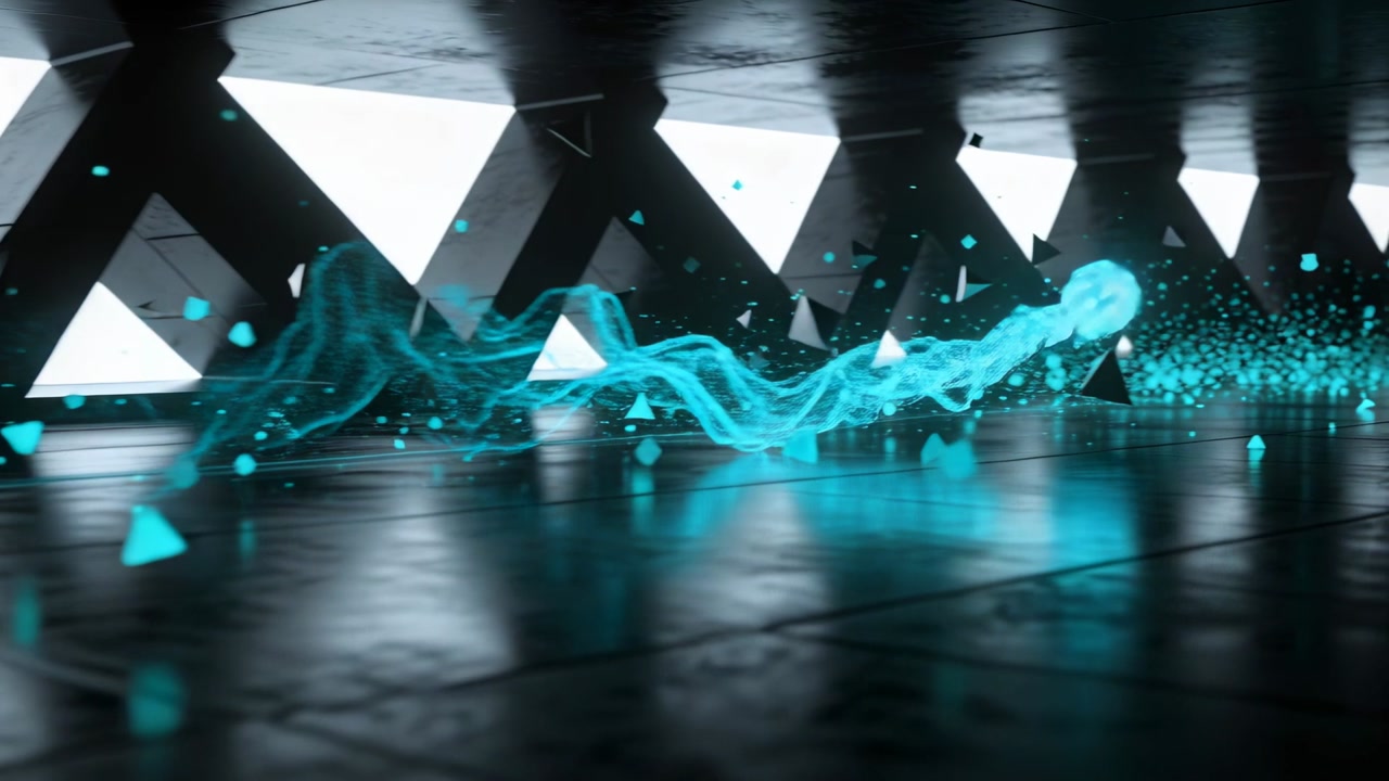 Emerging from left turquoise ribbon sweeping shards across triangular corridor forming on floor