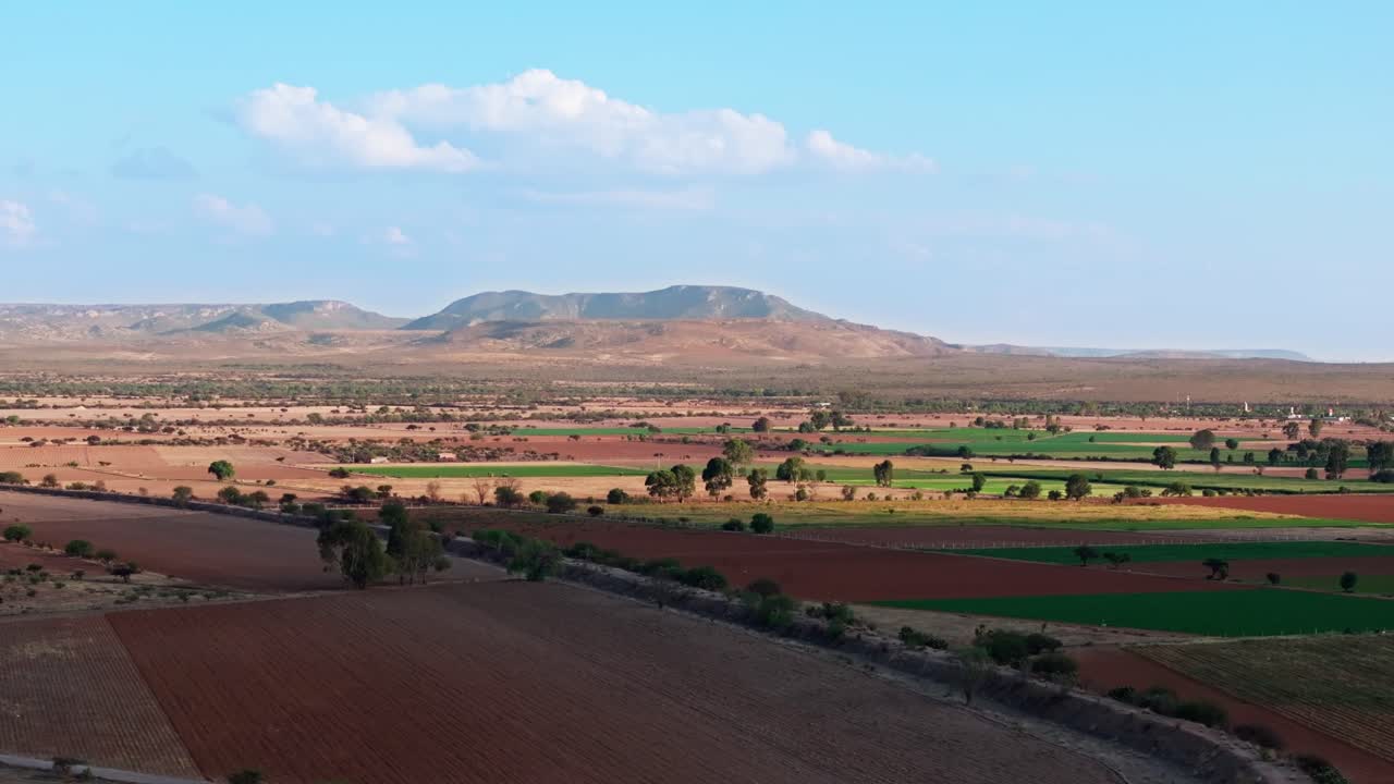 Un canale stradale attraversa campi agricoli con piccoli arbusti, panoramica aerea in movimento laterale, Aguascalientes, Messico