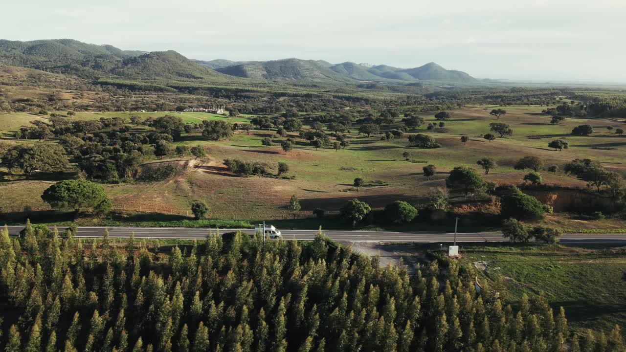 Vanlife roadtrip through Europe, aerial side fly view