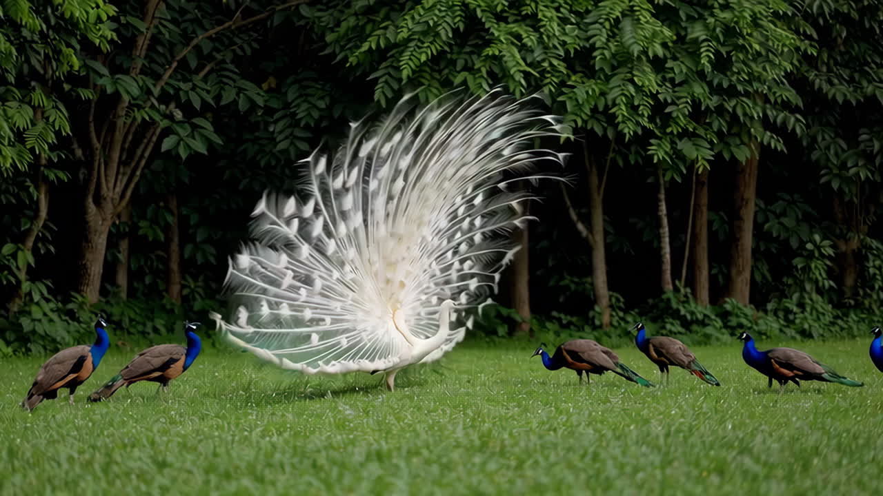 White Peacock and Peafowl in a Garden