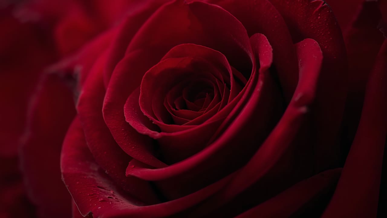 Cambiando messa a fuoco, obiettivo della fotocamera che si sposta verso l'interno, al centro di una rosa rosso intenso in studio con goccioline