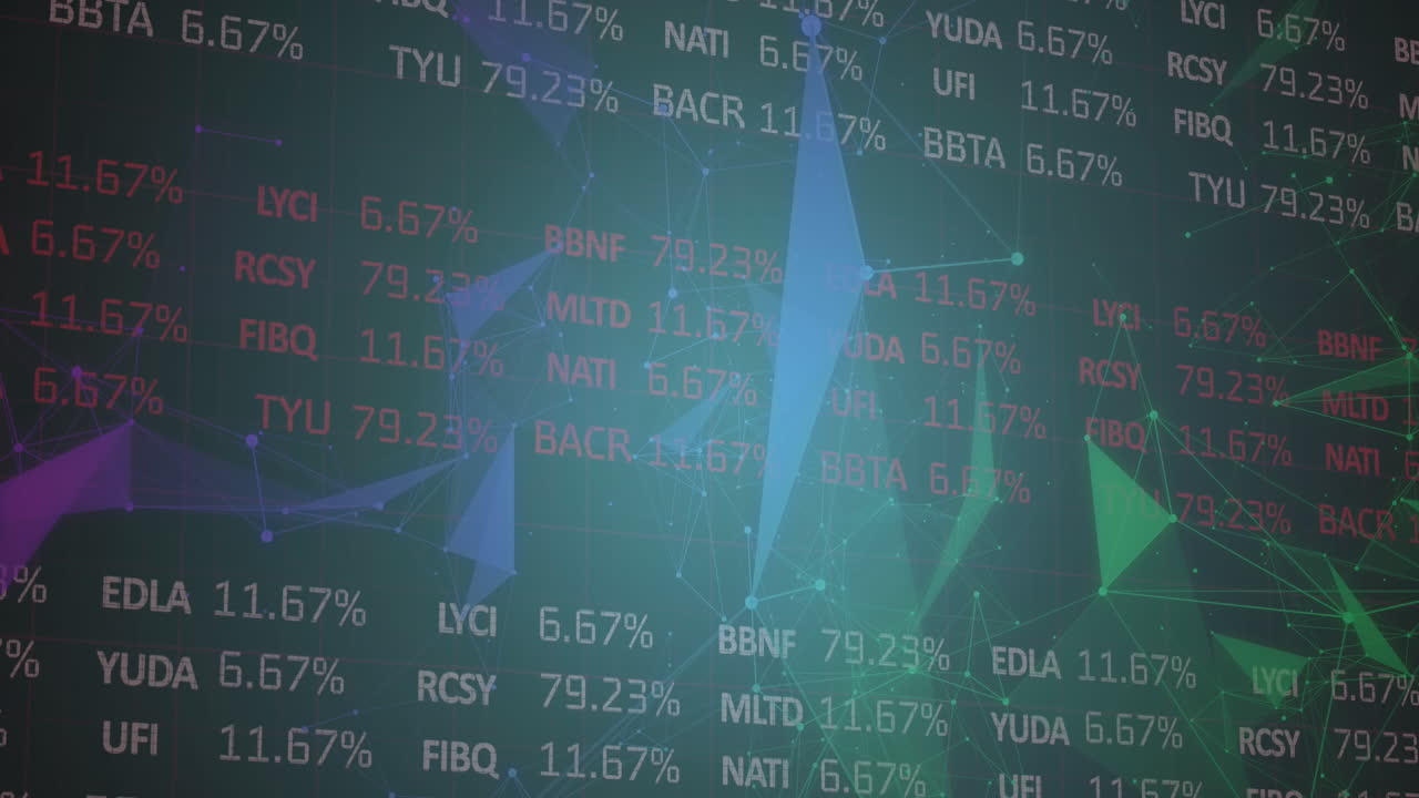 青い背景に幾何学的形状を形成する接続された点の上に取引ボードのアニメーション