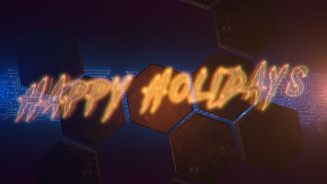 un fondo hexagonal futurista con texto de neón felices vacaciones