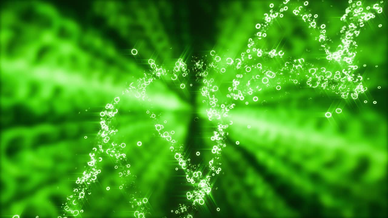 Neon glowing color DNA floating from gene against dark background, 3d animation zoom in