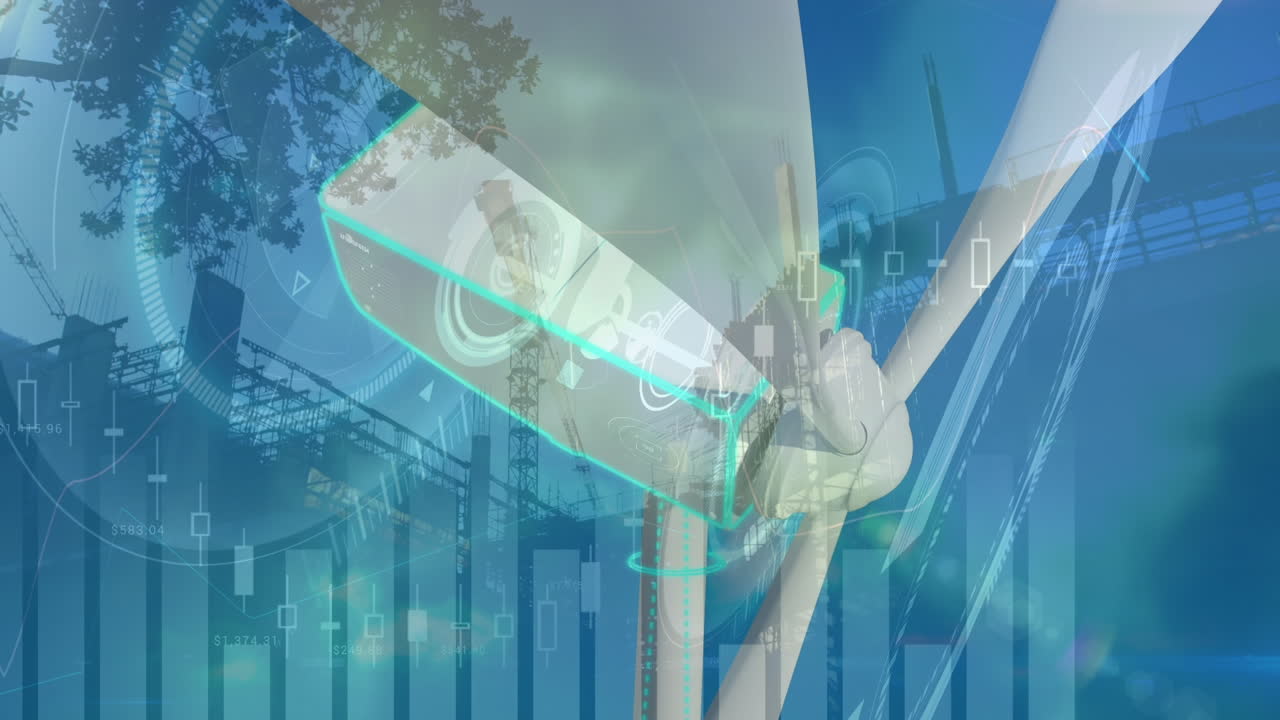 그래프, 건설 현장 및 움직이는 풍력 터빈의 애니메이션