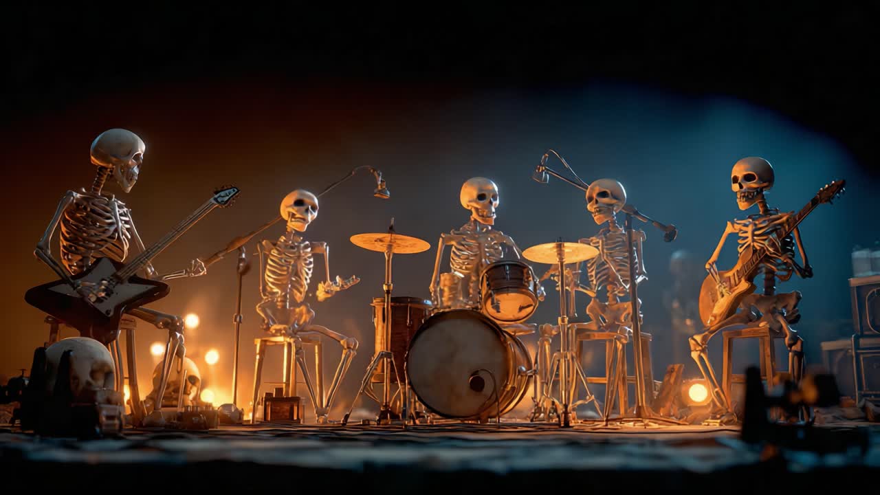 A Vibrant Skeleton Band Rocks the Stage, Showcasing Unique Instruments and Captivating Lights in a Spooky Yet Energetic Performance Setting