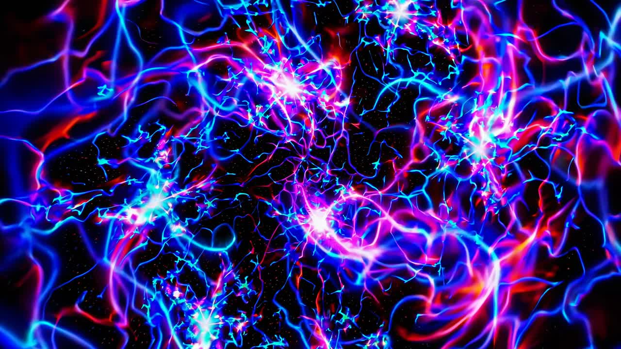 Abstract video of electric blue and red light patterns, viewed from above, creating a dynamic